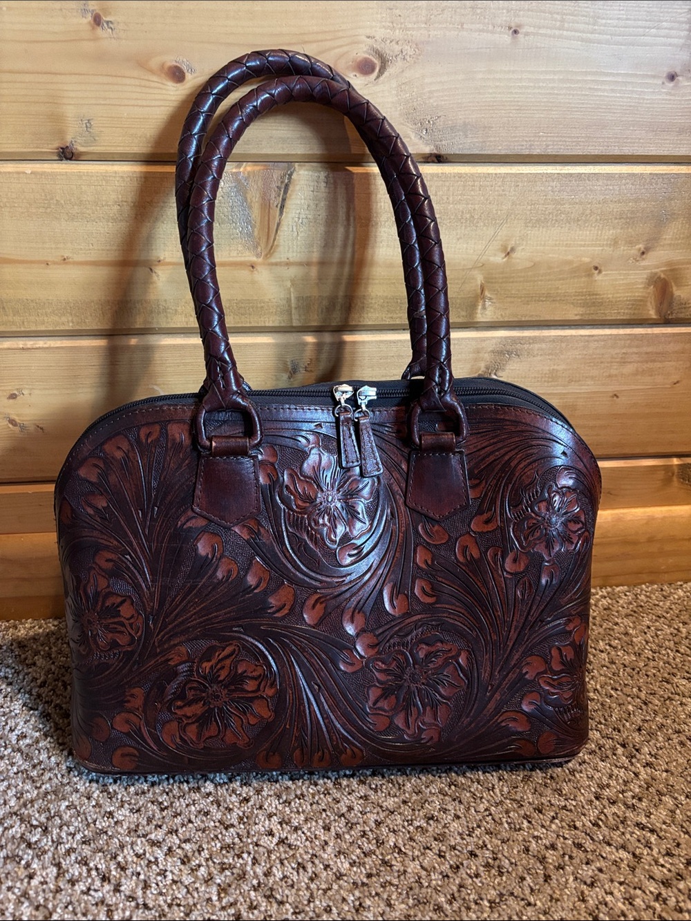 Hand-Tooled Origenes by David Luna Floral Leather Satchel in Dark Brown